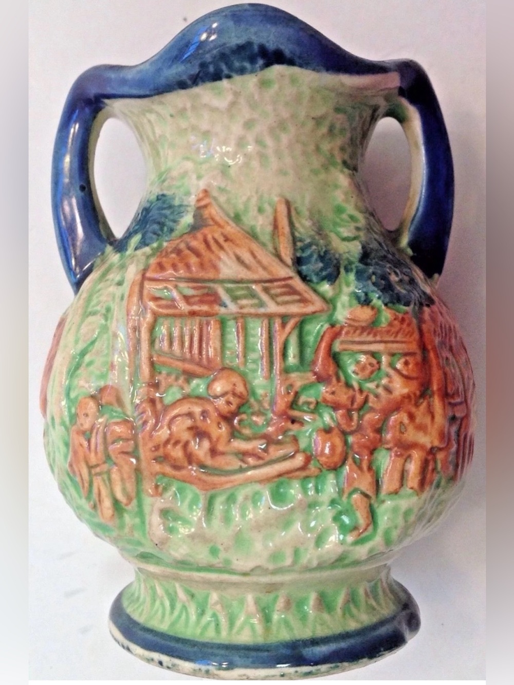Japan Porcelain Vase Men Working in Jungle Asian Oriental Vintage